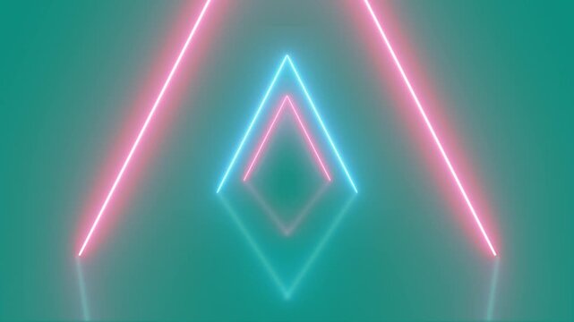 Neon glowing triangle tunnel with light lines on green screen background, vibrant cyan and pink neon diamond tunnel animation, futuristic geometric glowing light animation.4k video