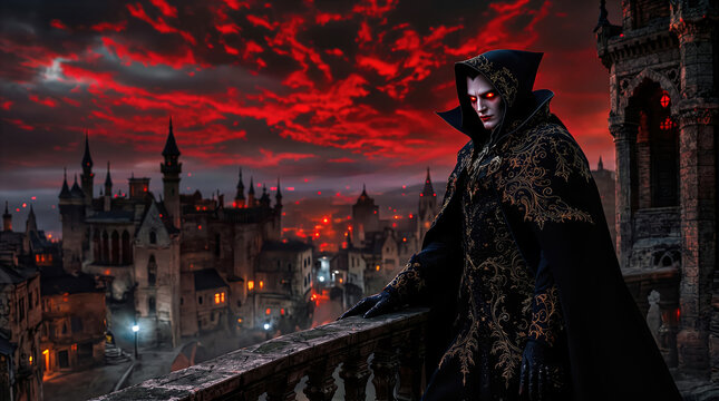Caucasian vampire lord wearing embroidered hooded cloak on gothic balcony at night. Concept of vampire ruler, gothic fantasy thriller, dark castle mystery, and occult kingdom.