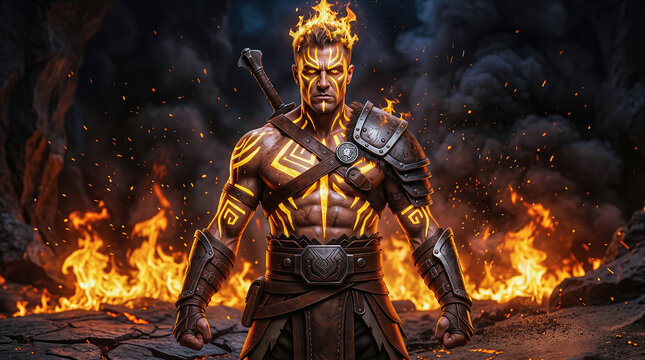 Muscular Caucasian warrior with flaming hair and glowing fire runes on chest standing over cracked ground in flames. Concept of fire elemental power, warrior strength, and battle rage.