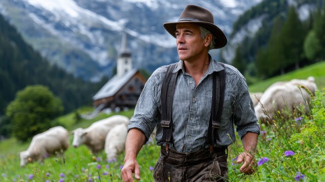 Shepherd tending sheep in a green field near a mountain church on a sunny day