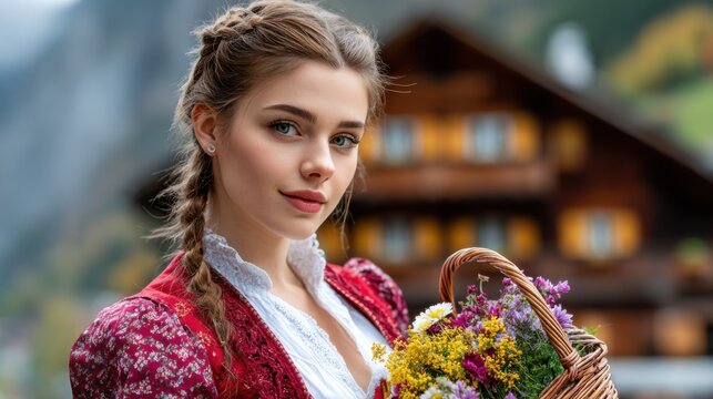 Young woman holds a basket of flowers in front of a wooden cabin in the mountains during daylight in a rural area