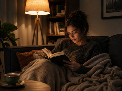 A woman is sitting on the couch and reading a book
