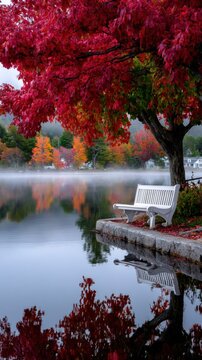 Bright red leaves surround a white bench by a quiet lake during autumn fog in a small town
