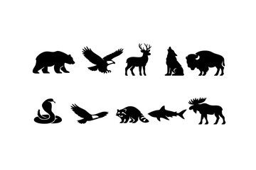 Fototapeta premium Black silhouettes of wild animals set on white background isolated on white background, Vector