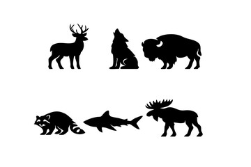 Obraz premium Set of wild animal silhouettes including wolf deer and shark isolated on white background, Vector