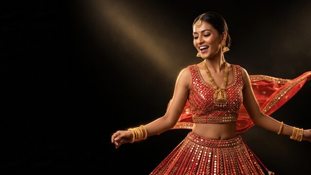 Woman Twirling in Chaniya Choli with Gold Jewelry &ndash; Navratri Fashion.