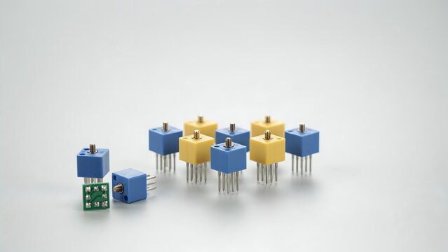 Colorful electronic components with connectors on gray background