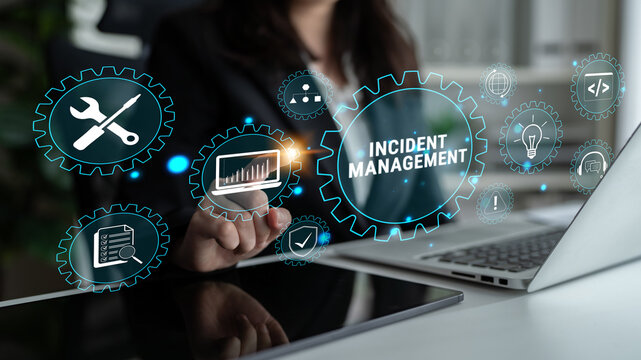 Professional Woman Engaged in Incident Management with Digital Icons Representing Workflow, Tools, and Data Analysis in a Modern Office Environment. Glyphic.