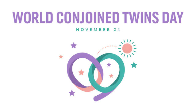 Conjointed twins day with a heart-shaped ribbon symbol in pastel purple and teal, stars, and sun on white background