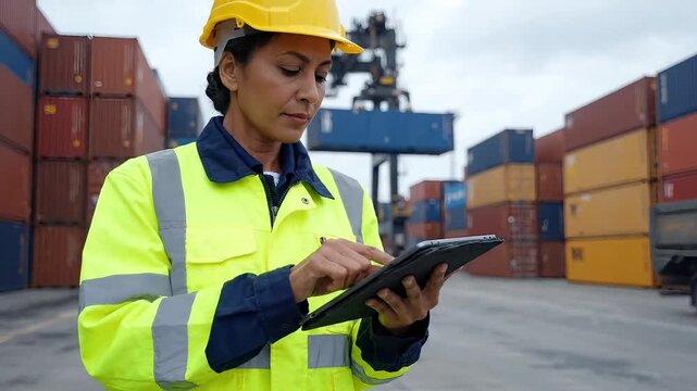 Female port worker using digital tablet at shipping terminal