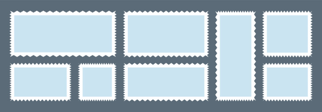 Set of frames in shape of squares and rectangles of various sizes with zigzag smooth edges.  Jagged wavy edge forms. Vector zigzag objects for badge, sticker, photo