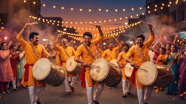 Dhol Tasha Drummers Leading Ganesh Festival Procession &ndash; Energetic Indian Celebration