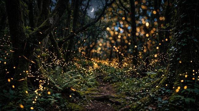 Enchanted forest scene with glowing fairy lights hanging between trees in a dark magical woodland