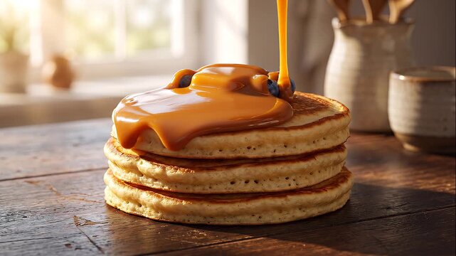 Cinematic video of pouring sweet maple syrup over stack of fluffy pancakes with butter and blueberries