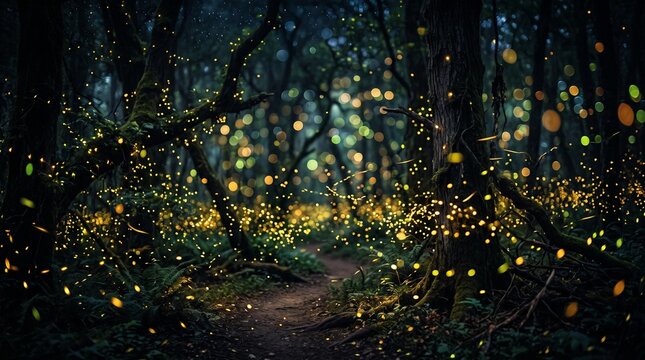 Enchanted forest path illuminated by glowing fireflies and soft fairy lights in the dark night