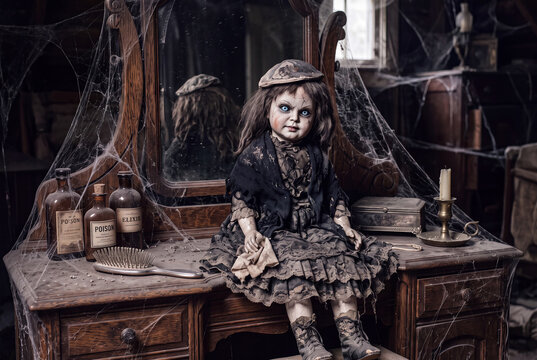 Creepy Doll Sitting on Dusty Vanity Table with Poison Bottles