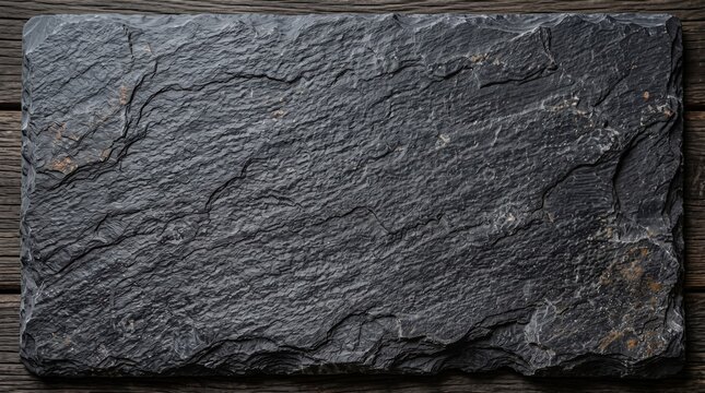 A dark textured slate stone background with rough edges and natural grey mineral surface patterns