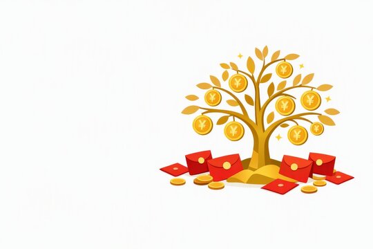 Golden yuan money tree with red envelopes for chinese new year prosperity banner and finance celebration background