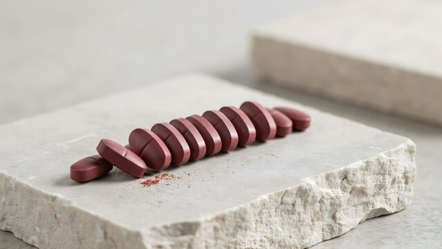 Red Tablets Arranged in Neat Row on Textured Stone Surface