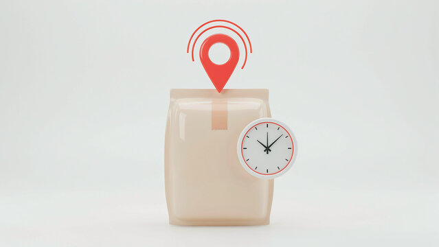 Creative illustration showing location pin with signal waves on top of box with clock face