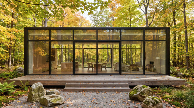 Modern glass cabin house exterior in autumn forest with wooden deck and landscape architecture