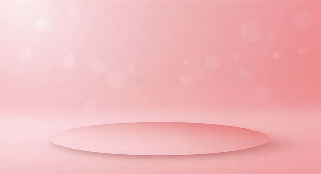 Minimalist pink background with a circular podium or stage for product display, featuring soft bokeh light effects.