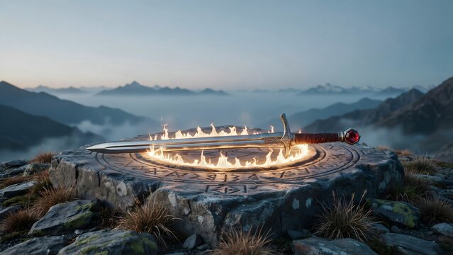 Enchanted Sword Surrounded by Mystical Flames on Mountain Summit