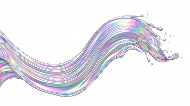Iridescent fluid wave with pastel colors and dynamic splash on white background