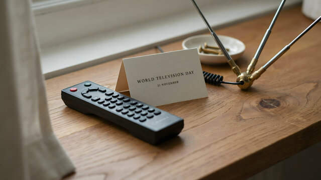 A black television remote control and a small card reading television day sitting on a rustic wooden table with a metal antenna nearby