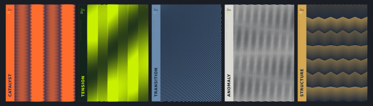 Modern Swiss Design Poster Set Featuring Abstract Geometric Kinetic Patterns with Minimalist Typography and Bold Color Blocking for Contemporary Graphic Design Applications