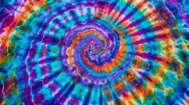 Vibrant psychedelic tie dye spiral pattern in bright rainbow colors creating a mesmerizing abstract background