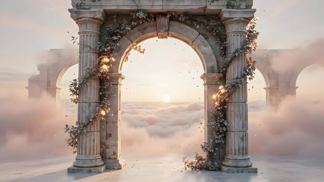 Ethereal Archway Surrounded by Clouds and Soft Golden Light