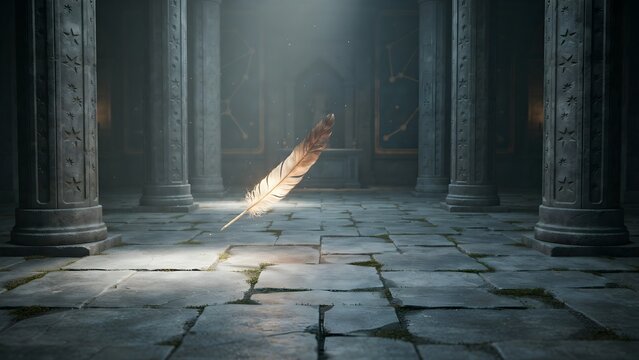 Floating Feather in Mystical Stone Chamber with Ancient Columns
