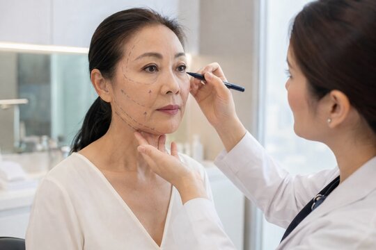 Mature Asian Woman Receiving Facial Markings Before Facelift and Neck Lift Surgery