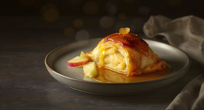 Delicious baked apple dumpling served on a ceramic plate, covered in rich caramel sauce and garnished with apple slices, celebrating National Apple Dumpling Day against a dark rustic background.