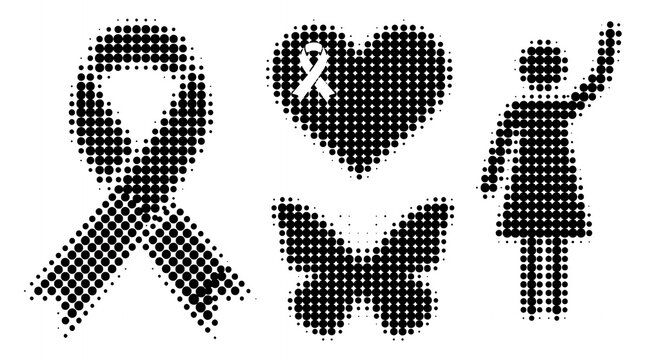 Minimalist halftone dot patterns forming breast cancer awareness ribbon heart and butterfly icons in black and white.
