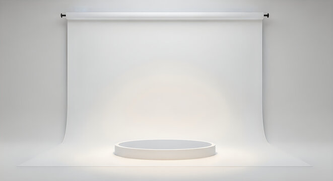 Empty white cyclorama studio backdrop with spotlight illuminating a circular stage podium for product display or photo shoots