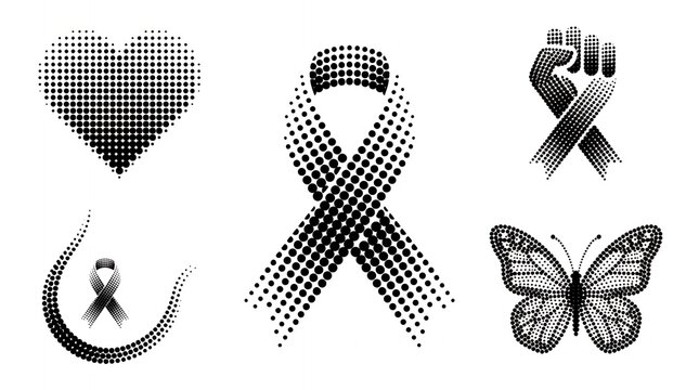 Halftone awareness ribbons butterfly and heart shapes for inspirational health and support design projects.