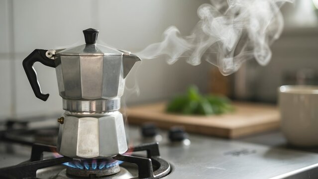 Steaming Espresso Maker on Gas Stove with Fresh Herbs in Kitchen