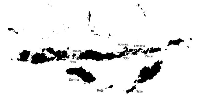 Black silhouette map of East Nusa Tenggara showing its distinctive island groups and geographical distribution across eastern Indonesia.