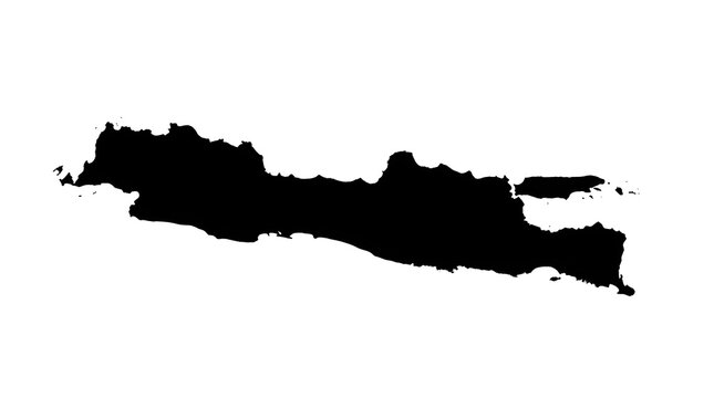 Minimalist black and white map of Java Island showing its distinctive geographic shape and territory within the Indonesian archipelago.