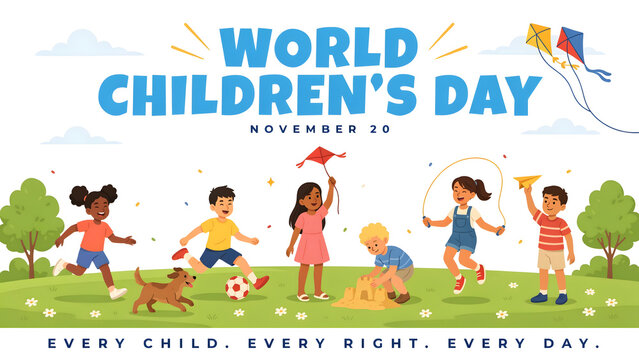 A colorful cartoon for children day featuring diverse kids playing with a soccer ball, kite, and jump rope in a green park