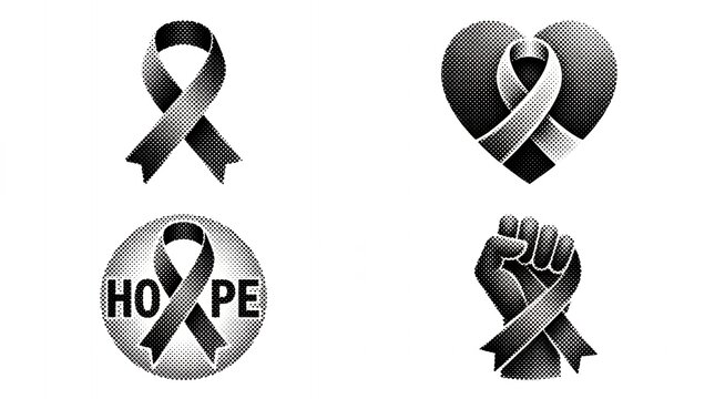 Halftone ribbons and heart motifs with hope typography for emotional health and cancer awareness messaging.