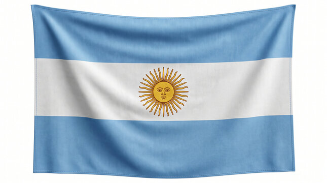 Argentine flag featuring the sun symbol hangs smoothly against a plain white background in bright light.