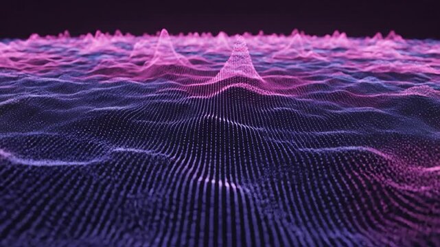 Abstract Digital Landscape with Glowing Pink Data Waves and Particle Grid Motion.