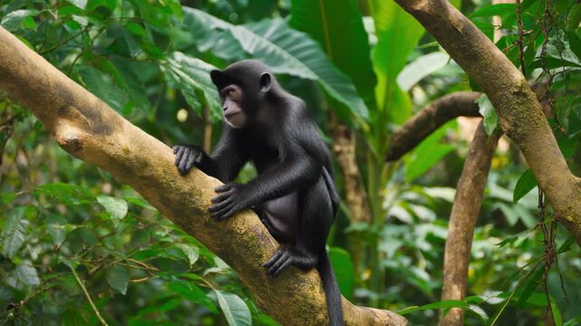 Black primate perched on a mossy branch in a lush jungle during soft daylight