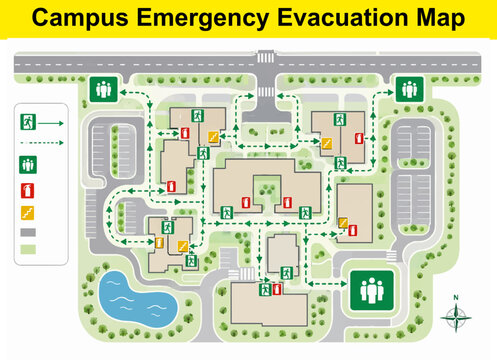 Comprehensive campus emergency evacuation map with designated assembly points and safe exit routes.