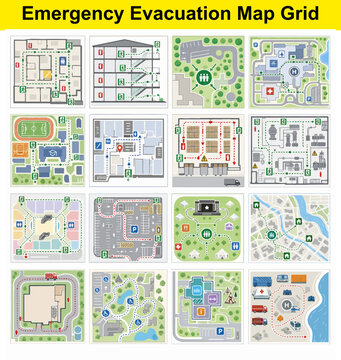 Emergency evacuation map grid, twelve illustrated plans for safe exit routes in various buildings and outdoor areas.