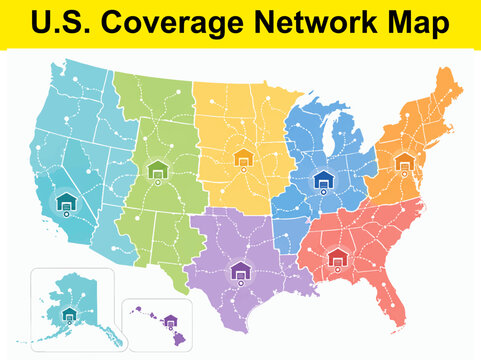 US coverage network map showing regional distribution centers and connections.