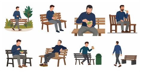 Fototapeta premium Man Sitting on Park Bench Eating Lunch and Having Coffee Break Flat Vector Illustration Set